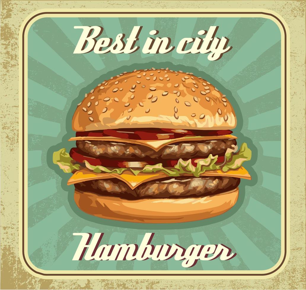 snabb mat hamburgare baner i retro grunge stil. årgång vektor affisch. Häftigt årgång stil vektor bäst hamburgare affisch. hög detaljerad vektor burger illustration.
