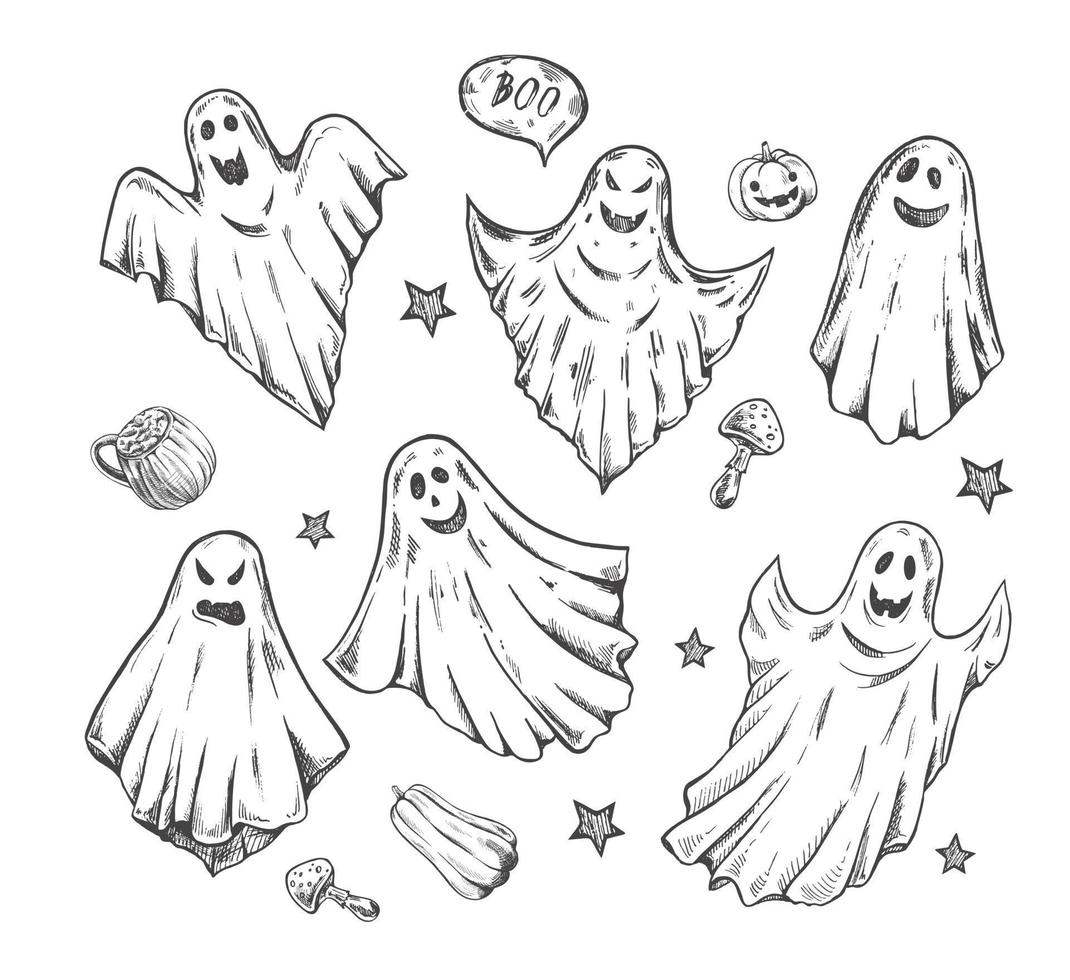 Hand gezeichnet skizzieren von Geister isoliert auf Weiß Hintergrund. unheimlich Weiß Geister. glücklich Halloween. süß Jahrgang gespenstisch Figuren. Vektor Illustration zum Poster, Dekoration und drucken.
