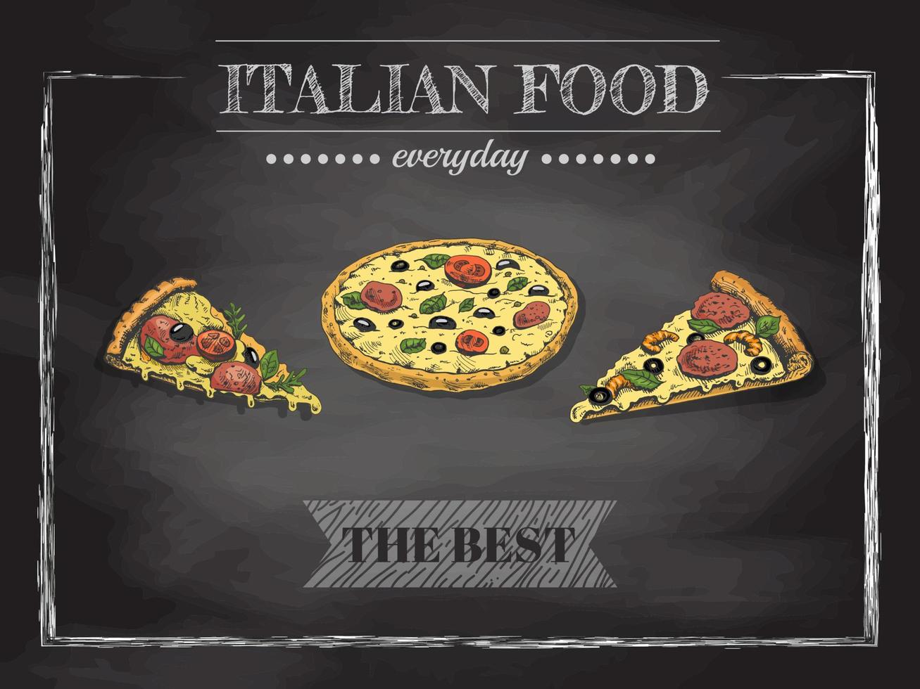 italiensk pizza meny. årgång vektor illustration. ritad för hand skiss illustration av pizza isolerat på svarta tavlan bakgrund. bra för meny, affisch eller restaurang bakgrund.