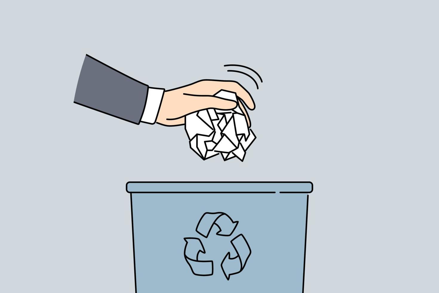 man hand sätta papper i skräp bin. närbild av manlig kasta skrynkliga pappersarbete i sopor behållare. begrepp av återvinning och avfall sortering. vektor illustration.