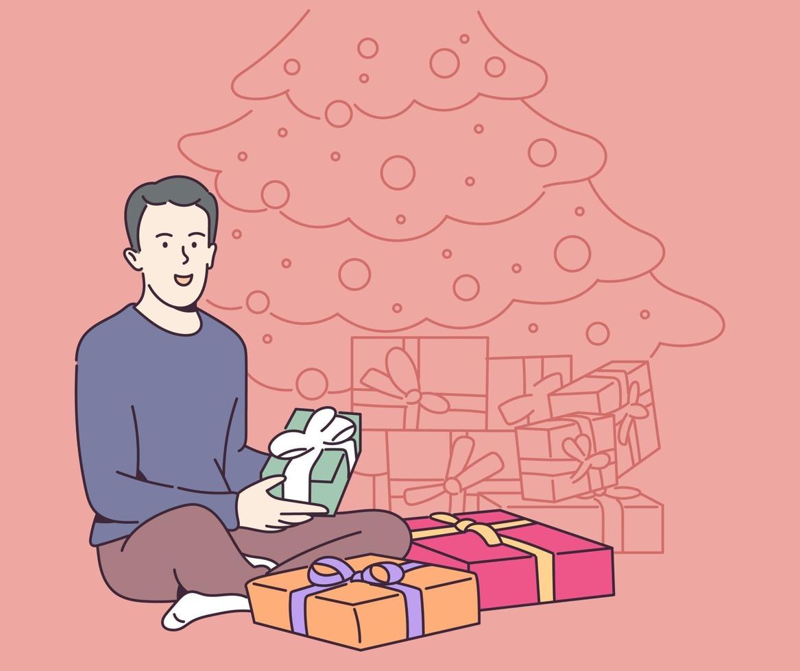 semester, gåva, firande koncept. ung glad glad leende kille pojke håller bär många presenter. nytt år jul eller födelsedagspresenter giveaway illustration. vektor