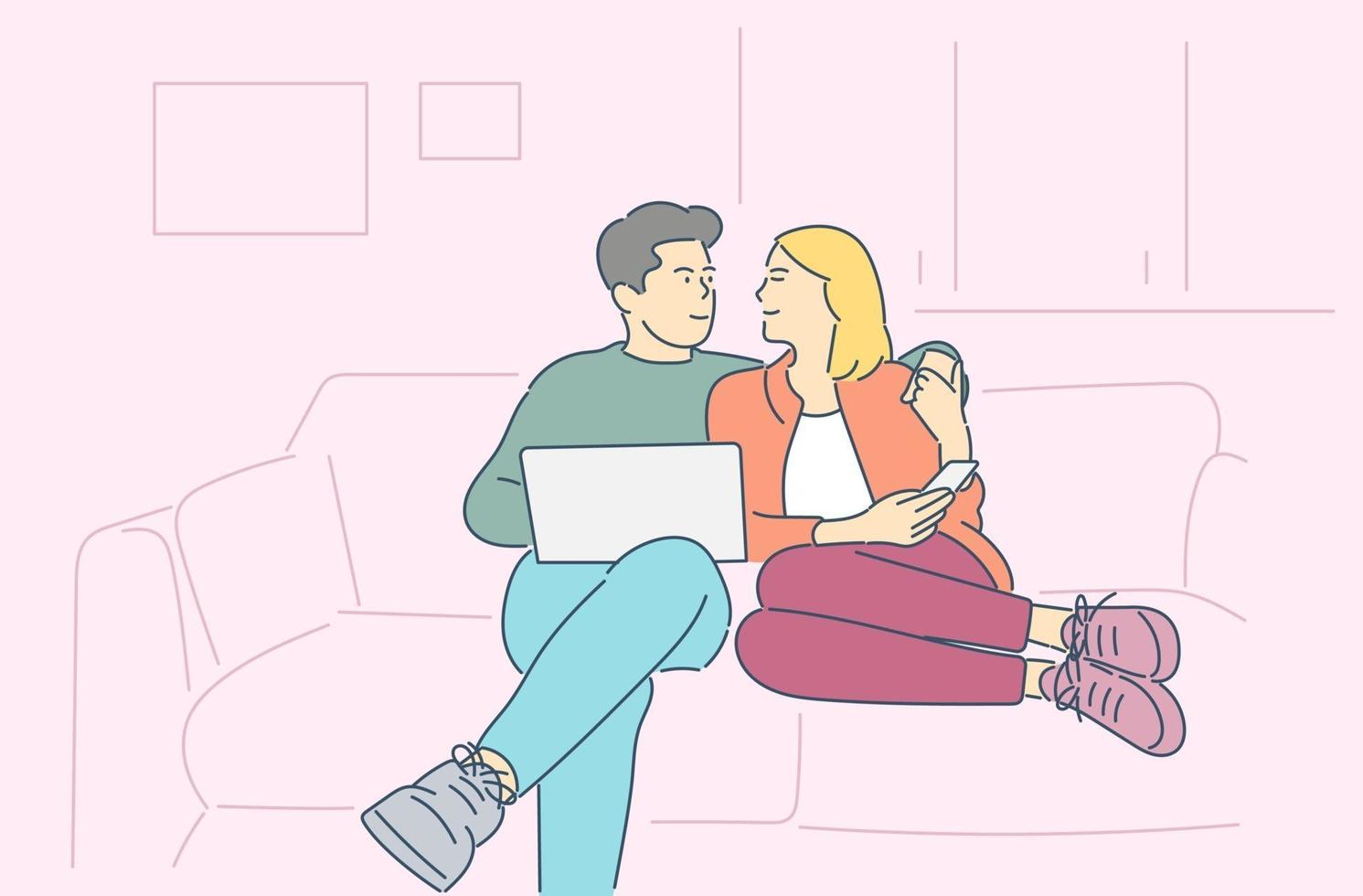 lycklig familj som kopplar av på soffan platt vektorillustration. le man och kvinna spendera tid tillsammans. vektor