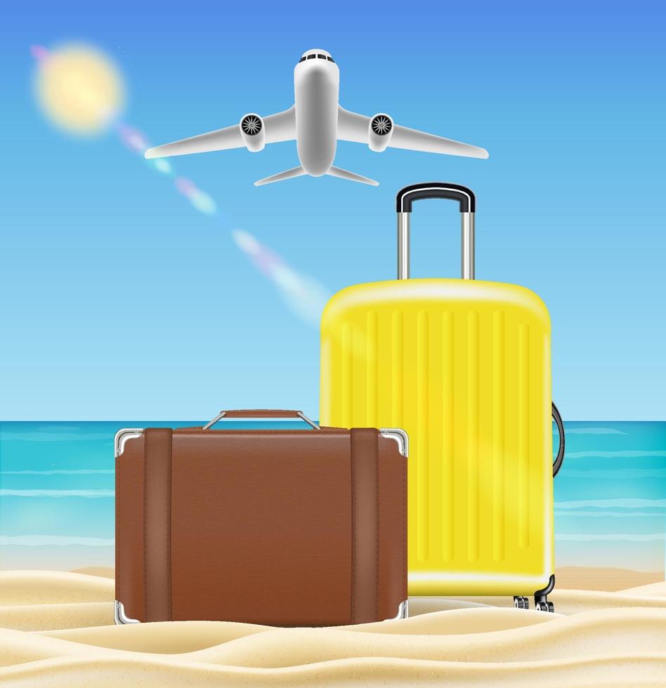 Koffer und Reisetasche auf Meeresstrandhintergrund vektor