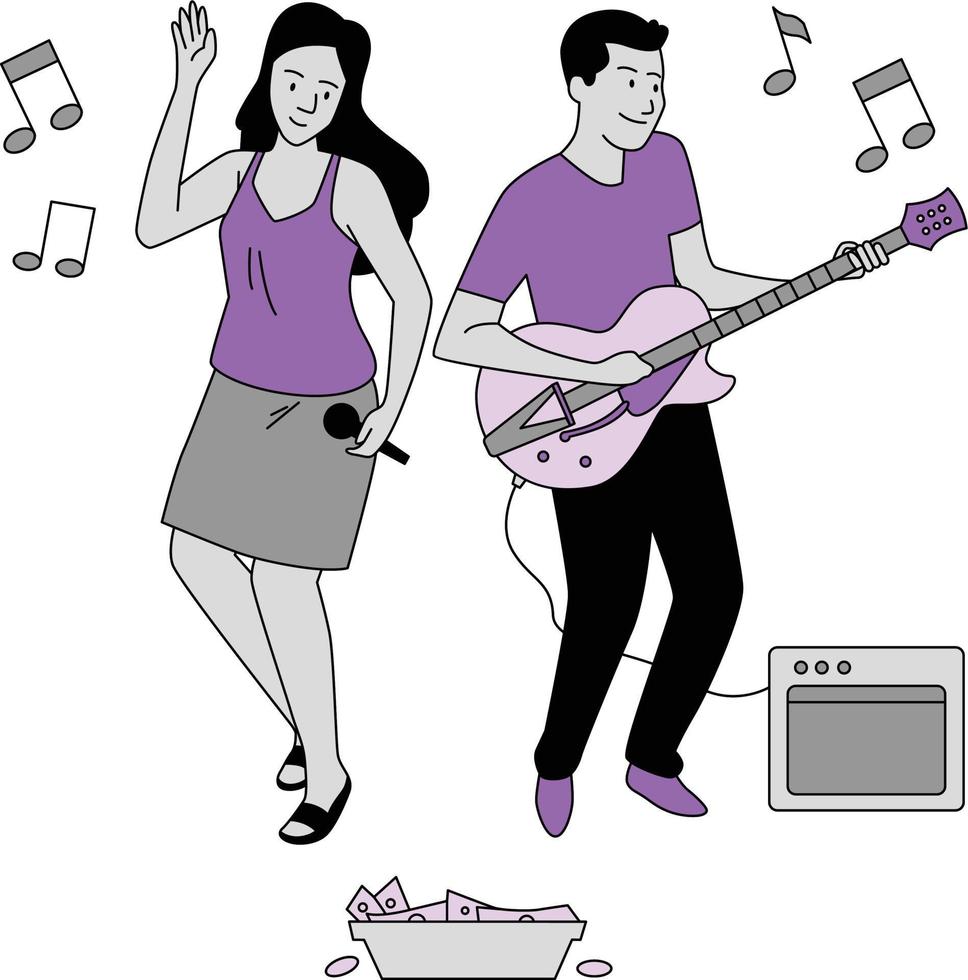 Mann und Frau spielen das elektrisch Gitarre und Singen. Vektor Illustration.