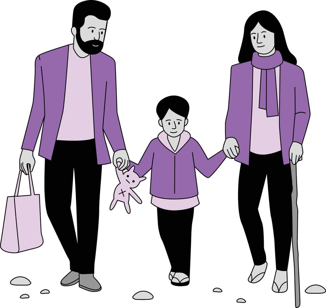 Familie mit Kind und Einkaufen Taschen. Vektor Illustration im eben Stil.