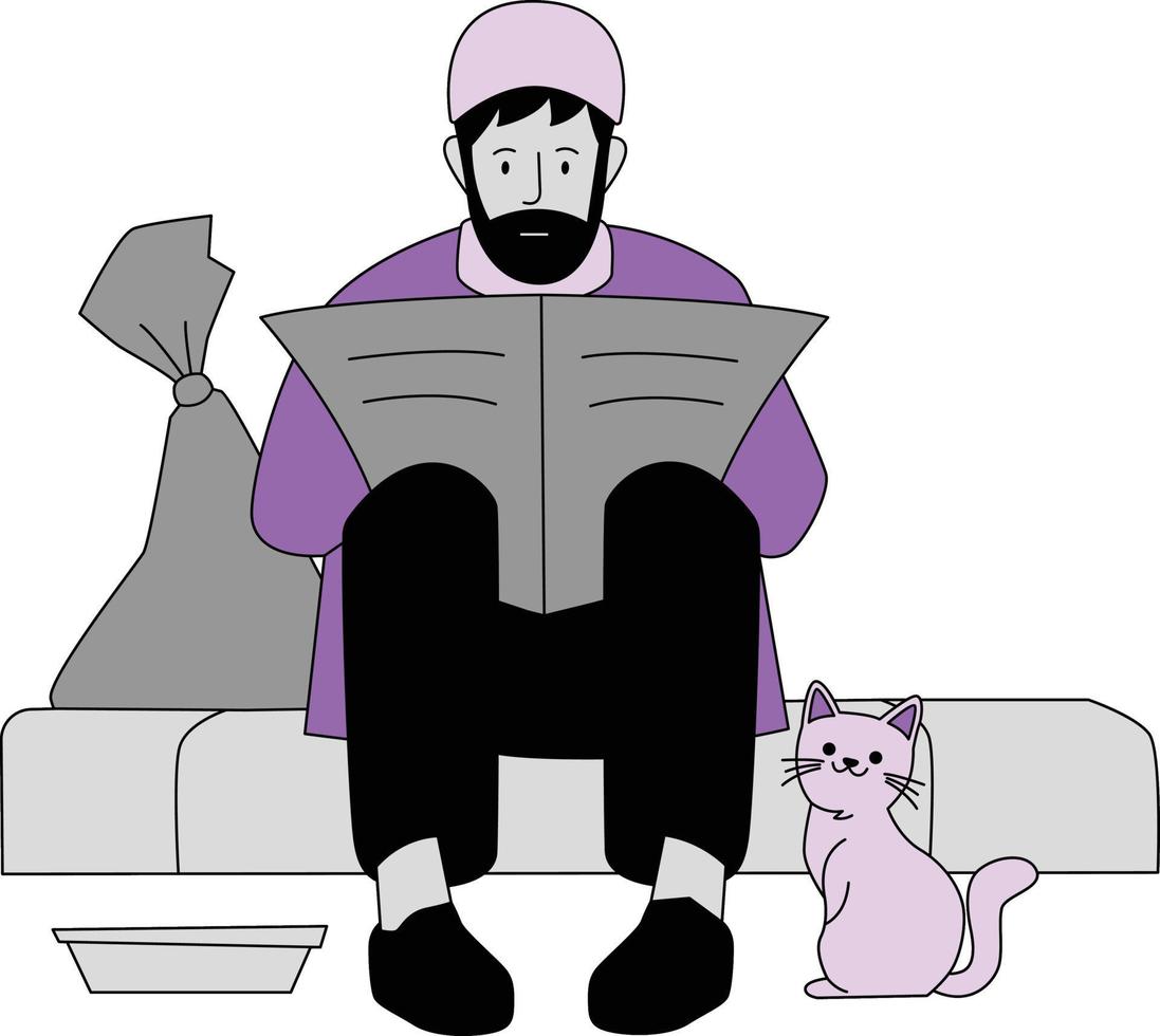 Vektor Illustration von Muslim Mann lesen ein Buch und Katze Sitzung Nächster zu ihm