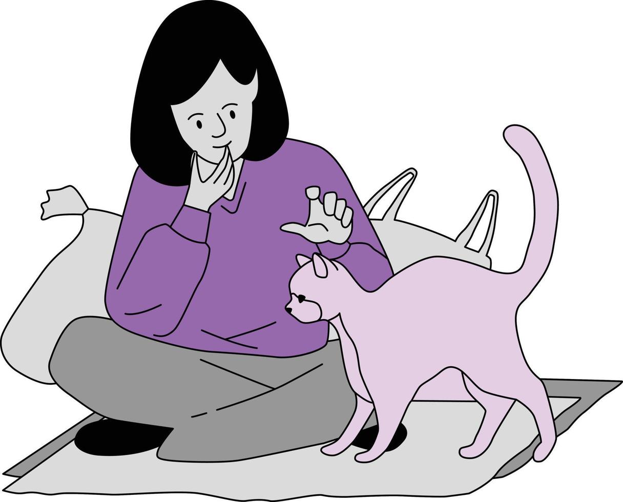 Frau Sitzung auf das Fußboden und spielen mit ein Katze, Vektor Illustration
