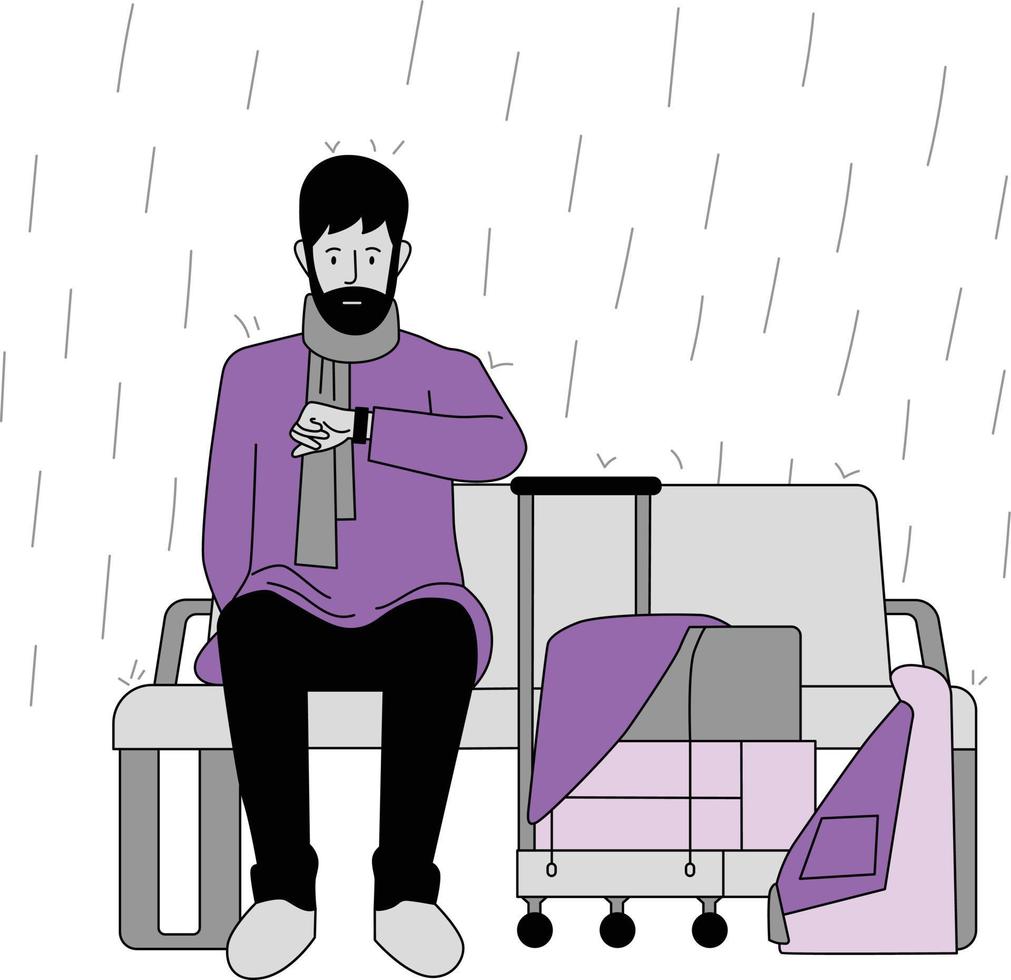 illustration av en man Sammanträde i de regn med en väska. man Sammanträde i buss sluta vektor