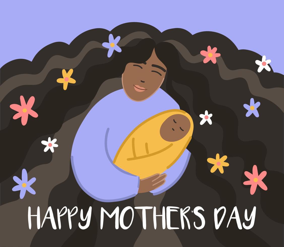 mors dag affisch skildrar en svart kvinna med mycket lång hår innehav en bebis på henne händer. platt stil mors dag affisch. vektor