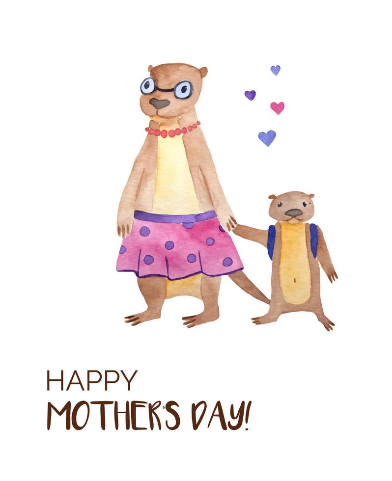 glücklich Mutter Tag Aquarell Poster. Mutter Tag Poster mit ein Mutter und ein Baby Otter. vektor