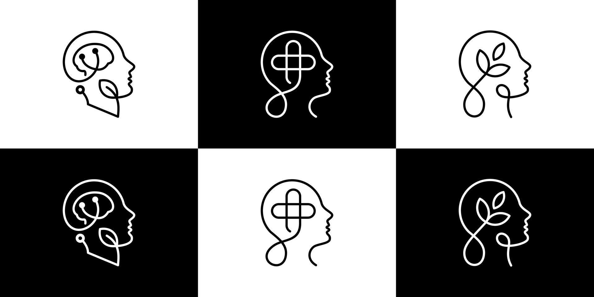 samling av mental hälsa logotyp. psykoterapi symbol begrepp isolerat på svart och vit bakgrund grafisk design vektor illustration.