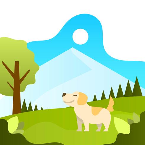 Platt mänsklig leka med hund djur vän med landskaps bakgrund vektor illustration