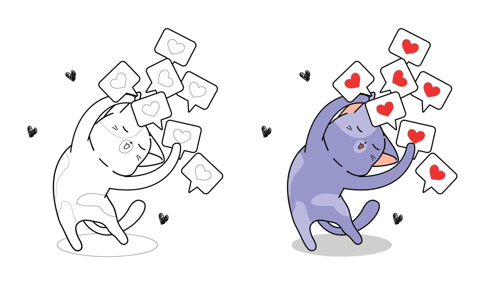 Katze mit vielen Herzikonen-Cartoon-Malvorlagen vektor