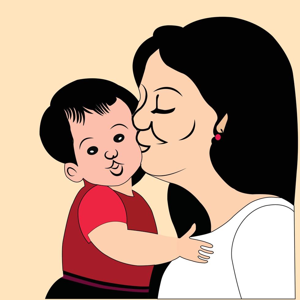 mor kissing henne söt barn, vektor illustration