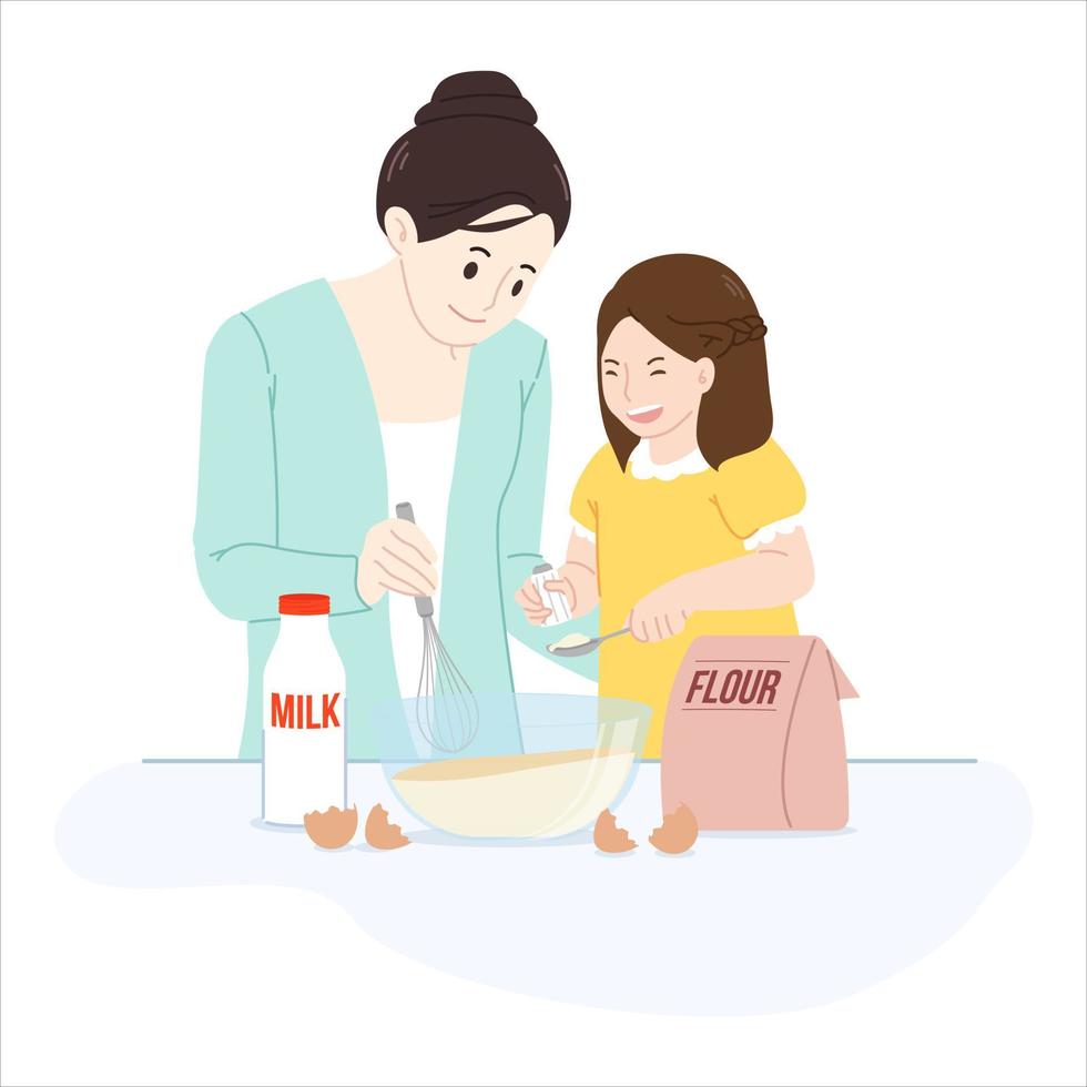 mor och liten dotter karaktär framställning eller bakning mat tillsammans i de kök. matlagning och utgifterna tid med barn begrepp. platt vektor illustration isolerat på en vit bakgrund.
