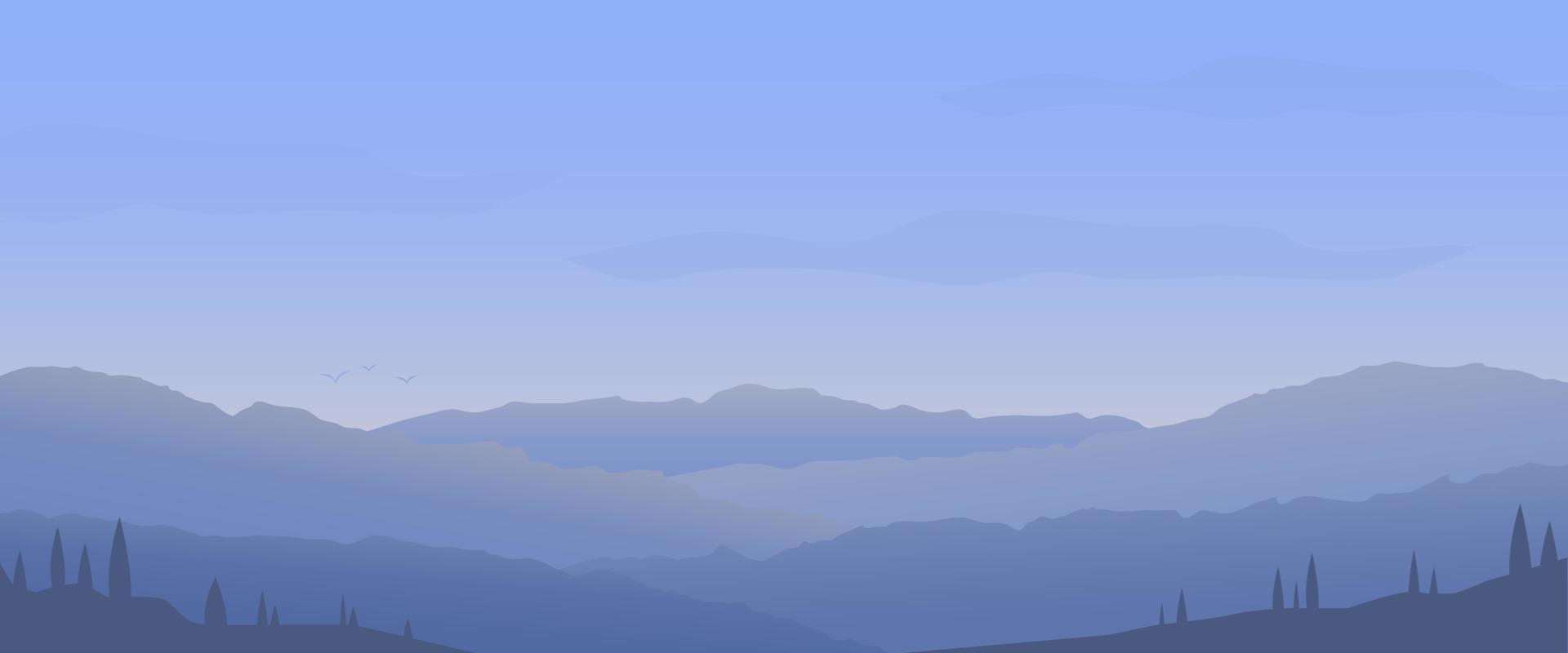 blå berg landskap vektor med dimma och träd bakgrund abstrakt. vektor illustration. platt blå svartvit berg kulle panorama- landskap vektor bakgrund