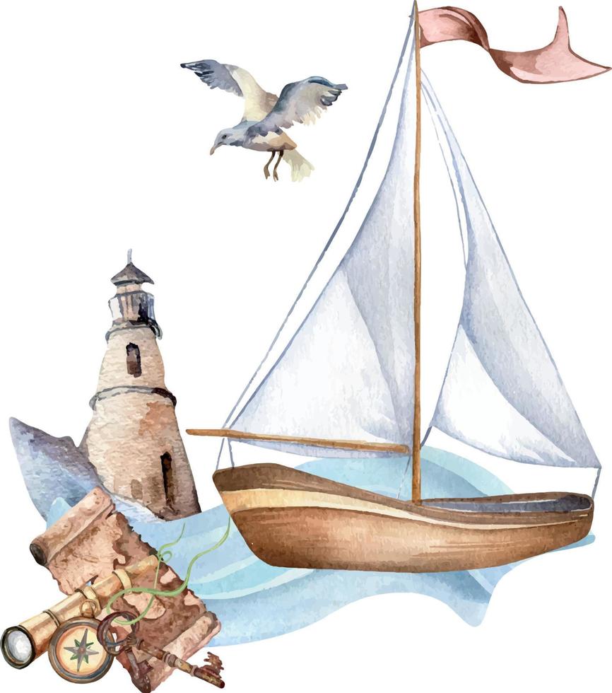 Komposition von Segeln Schiff Jahrgang Stil Aquarell Illustration isoliert auf Weiß. Kompass, Fernglas, Karte, Leuchtturm Hand gezeichnet. kindisch Design, Element zum Jungs drucken, nautisch Postkarte, Poster vektor