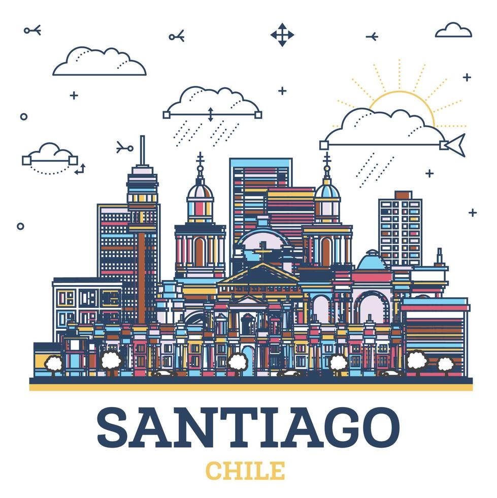 översikt santiago chile stad horisont med färgad modern och historisk byggnader isolerat på vit. santiago stadsbild med landmärken. vektor