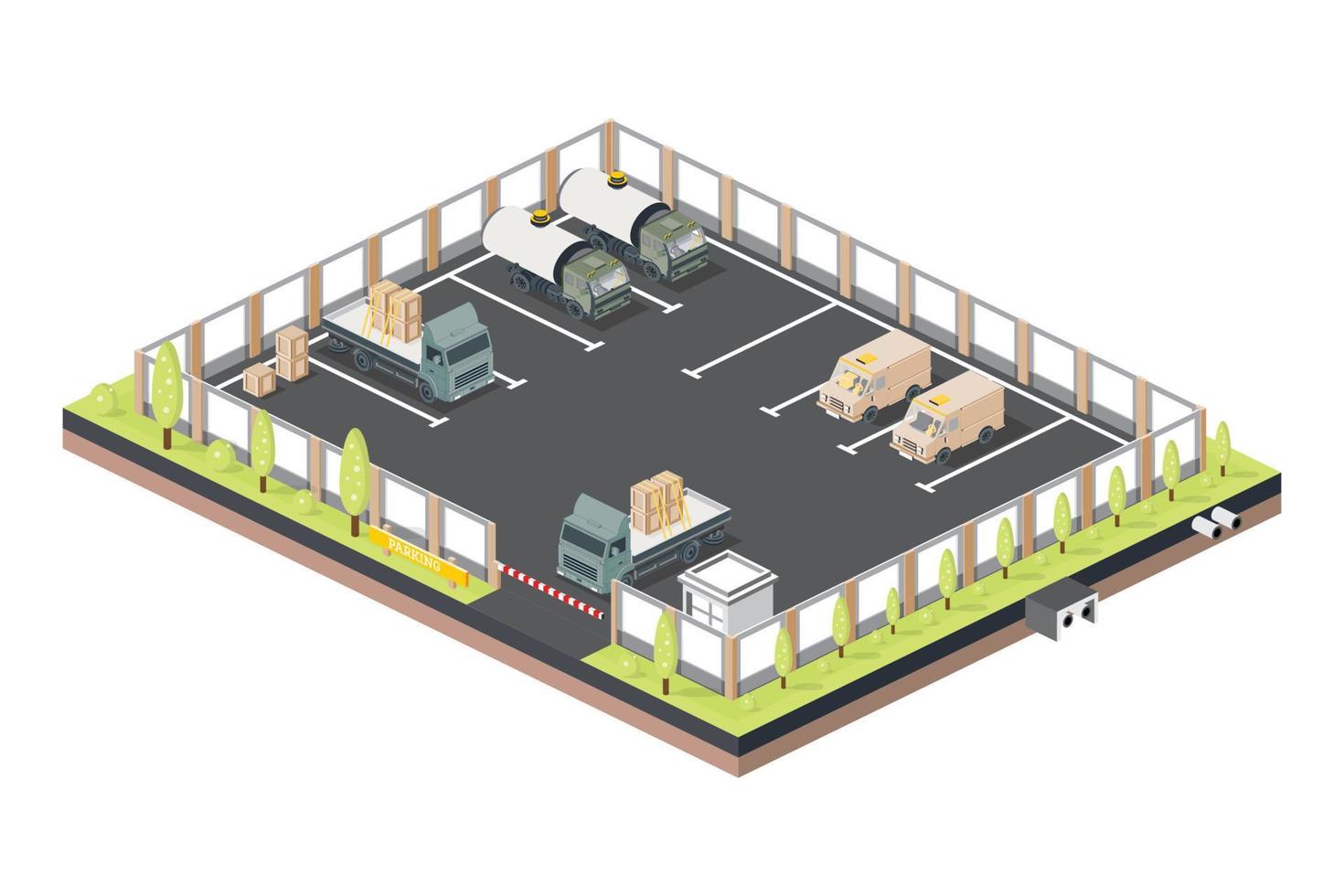 isometrisk parkering för lastbilar och bilar. kontrollstation med barriär. vektor