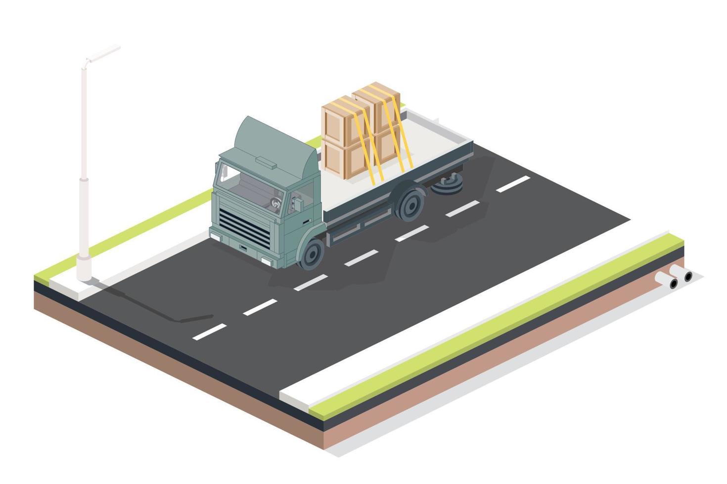 isometrisch Pritsche Ladung LKW mit Kisten auf das Straße. kommerziell Transport. Logistik. Stadt Objekt zum Infografiken. vektor