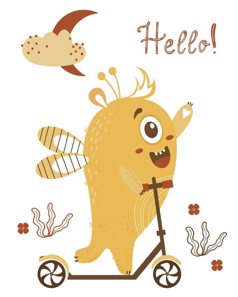 söt gul monster pojke rider en skoter. vajande en tass - hej. vektor illustration. barnsamling för vykort, design, dekor och tryck