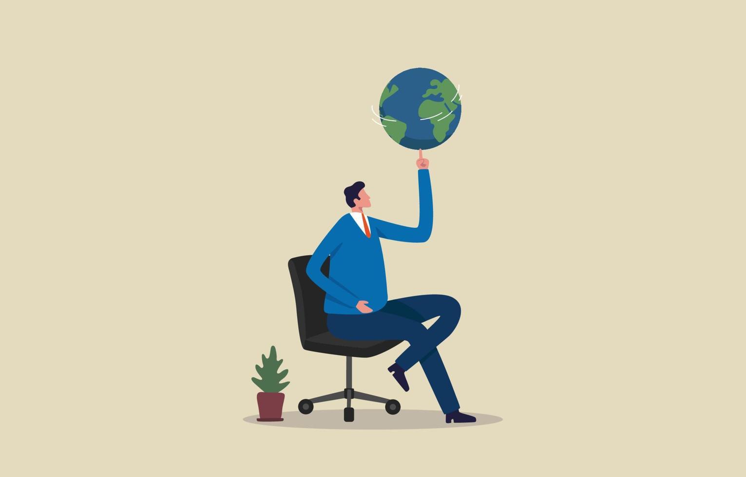 globalisering, global företag syn. affärsman i en stol spinning klot i händer. över hela världen företag. illustration vektor
