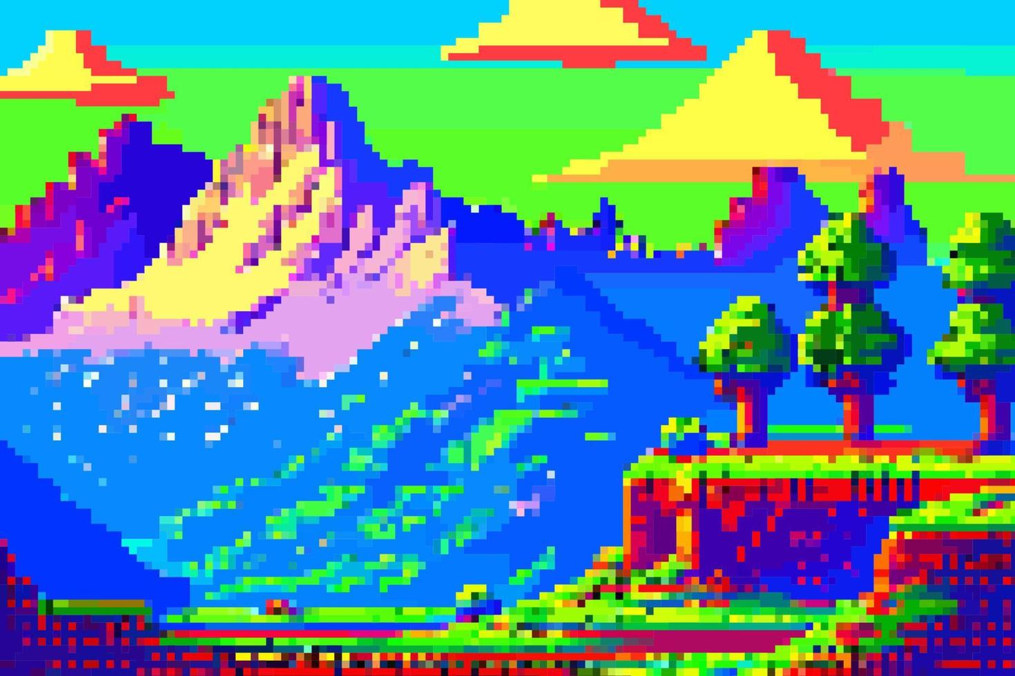 landskap 8bit pixel konst. sommar naturlig landskap berg landskap arkad video spel bakgrund vektor