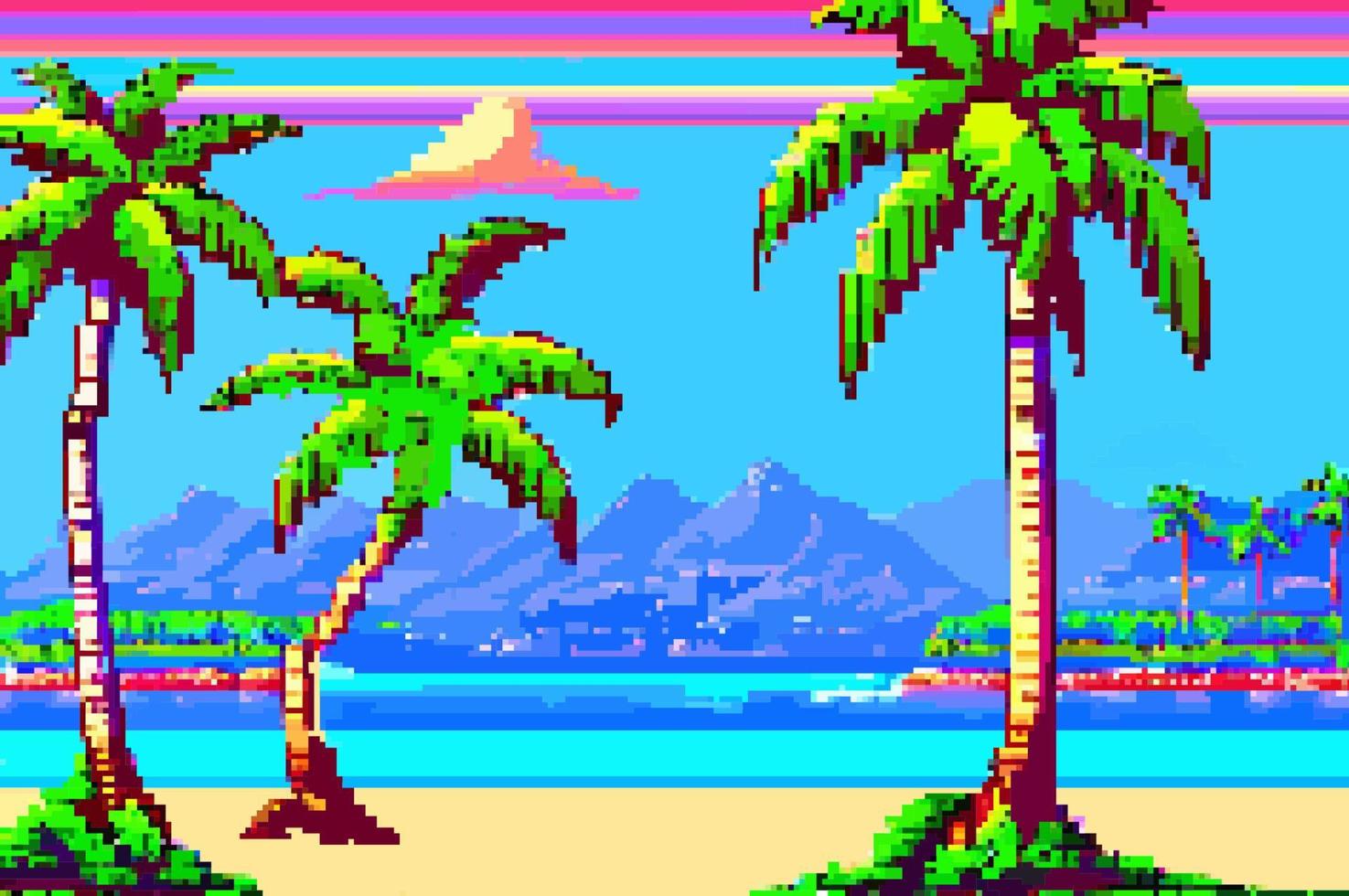 Landschaft 8 Bit Pixel Kunst. Sommer- natürlich Landschaft. Sommer- Ozean Strand, Landschaft Arkade Video Spiel Hintergrund vektor