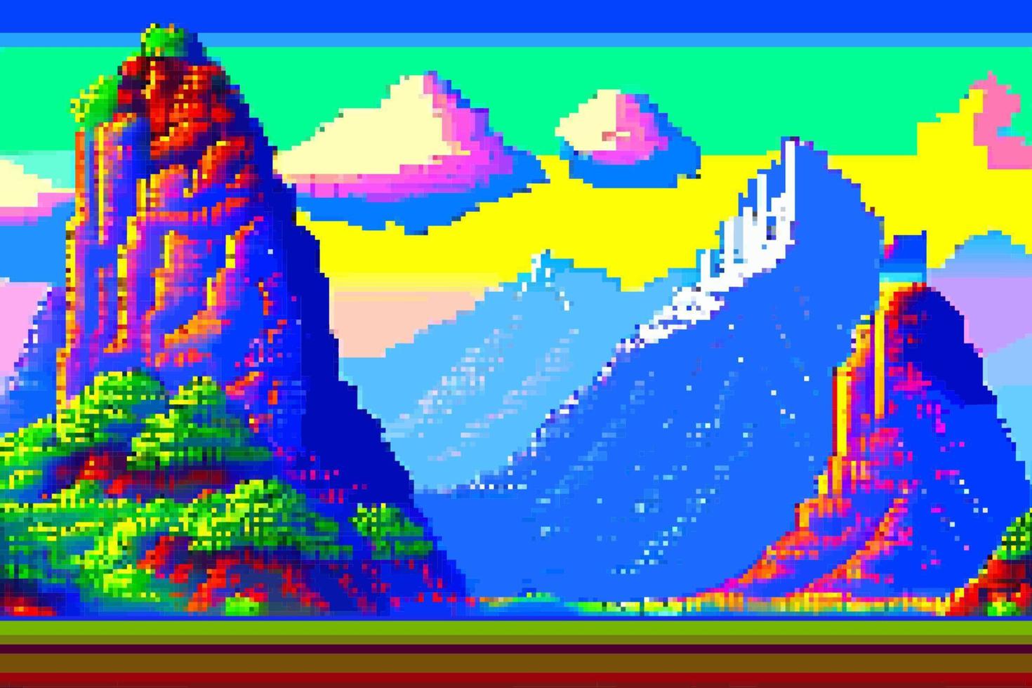 Landschaft 8 Bit Pixel Kunst. Sommer- natürlich Landschaft Berg Landschaft Arkade Video Spiel Hintergrund vektor