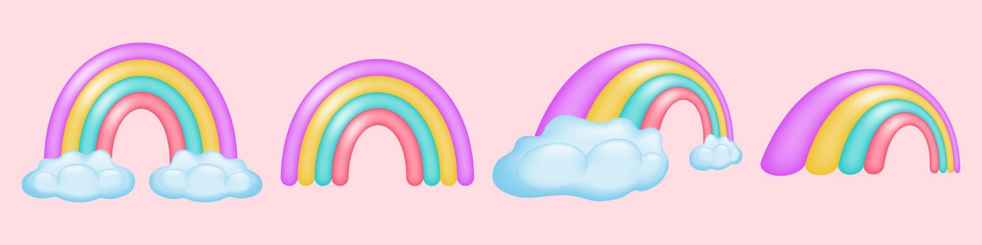 einstellen von bunt 3d Regenbögen im anders Positionen. süß hell Regenbogen und flauschige Wolken. perfekt zum Kinder Entwürfe, Sozial Medien Grafik und mehr. Vektor Illustration.