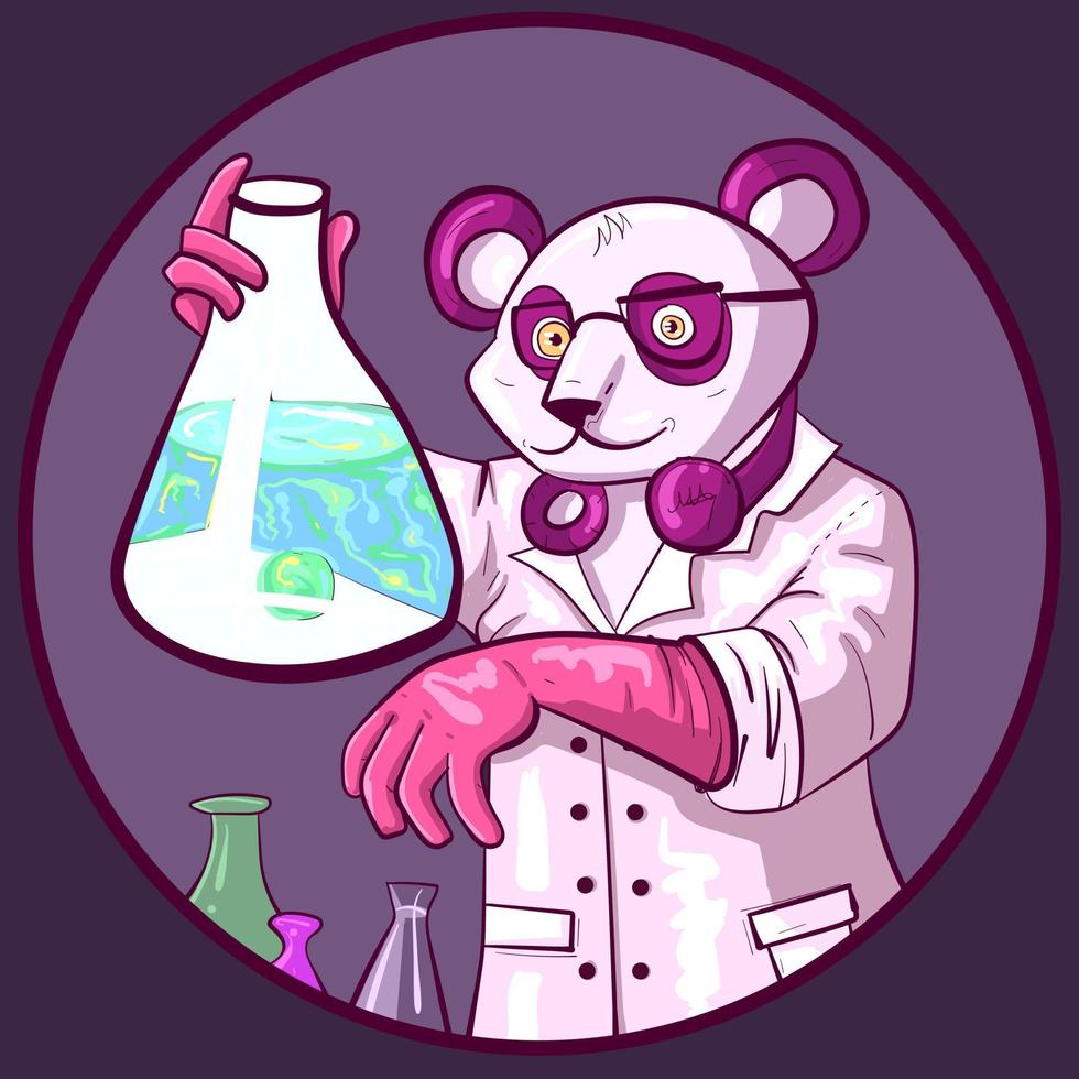 konzeptionelle Kunst von ein Wissenschaftler Panda halten ein Chemie Flasche voll von Blau flüssig. Chemiker Arzt Bär Vektor im ein Labor Kleid und Gummi Handschuhe tun Experimente.