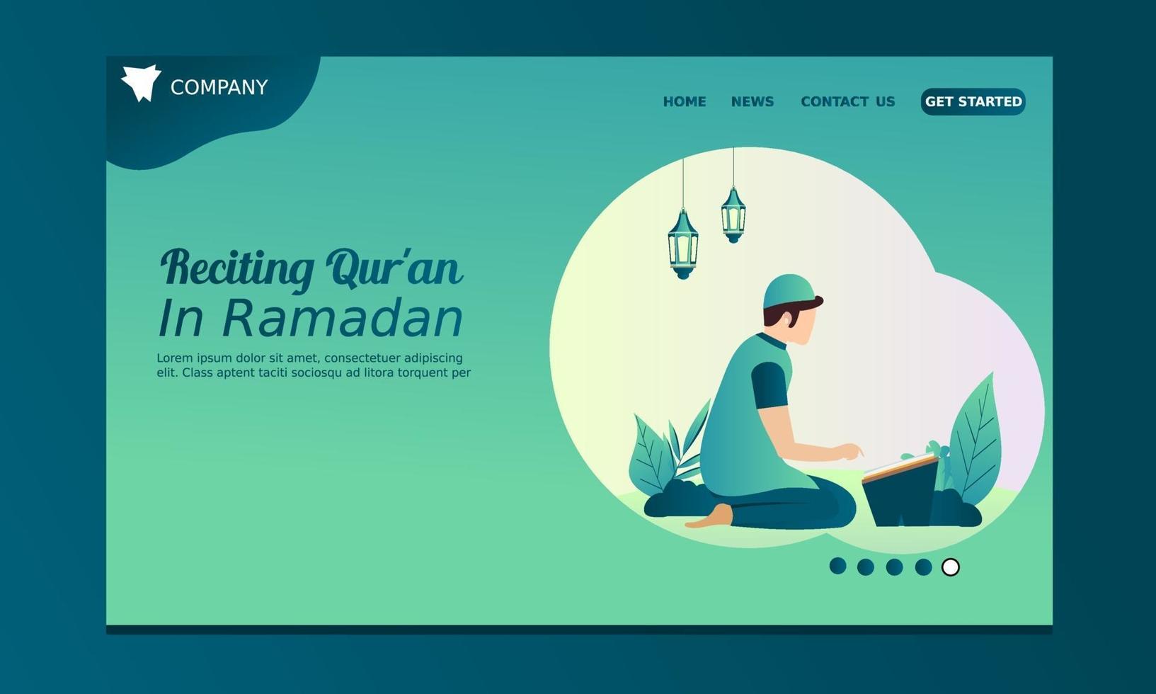 muslilm man läser koranen i månaden av ramadan målsida vektor