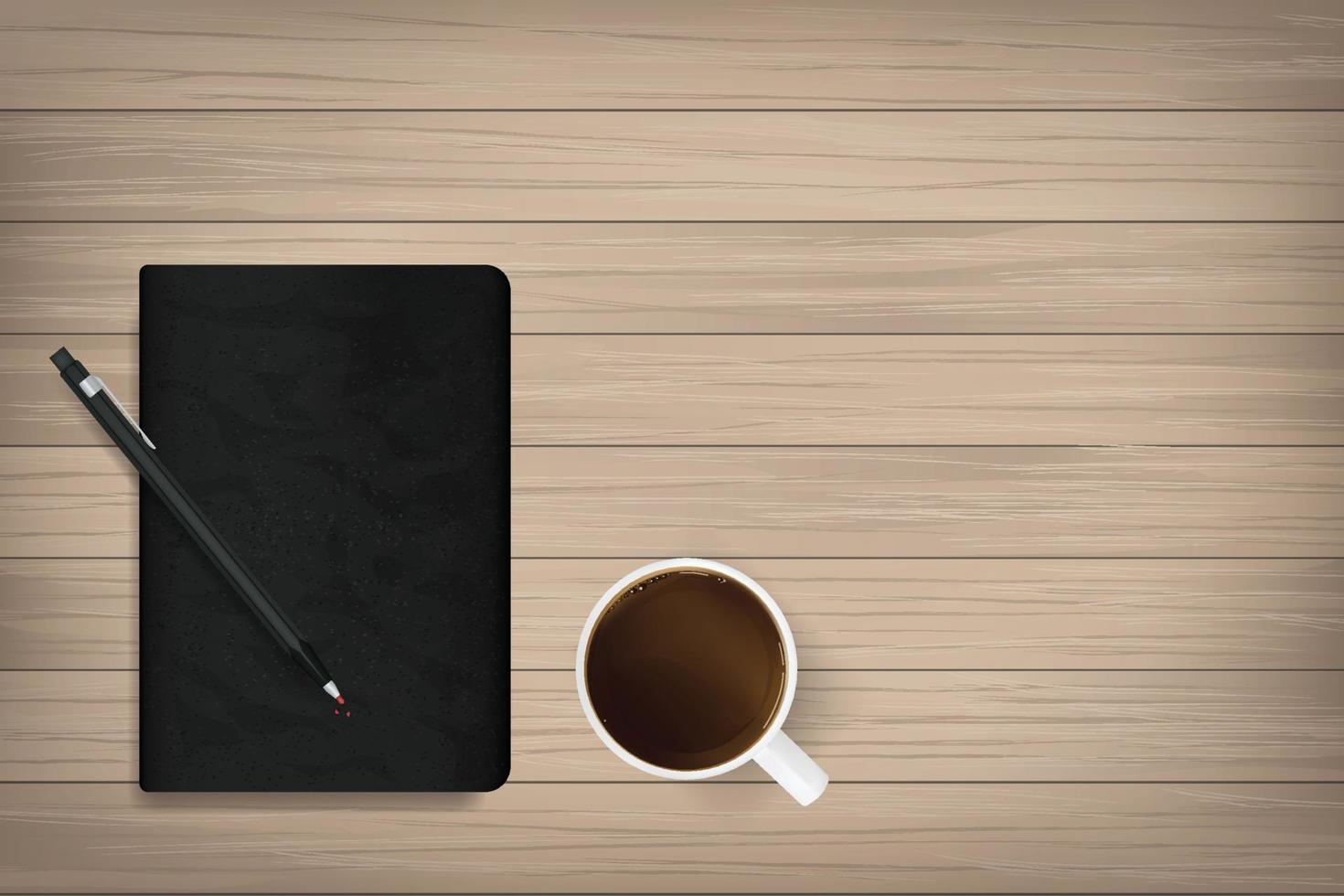 anteckningsbok med svart omslag textur och kaffe kopp på trä bakgrund. vektor. vektor