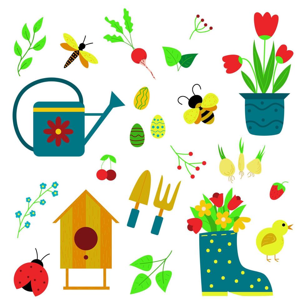 einstellen von Frühling Gartenarbeit Werkzeug, Insekten, Pflanzen. Vektor Illustration von Elemente oder Symbole zum Gartenarbeit und Landwirtschaft. eben Karikatur Stil.