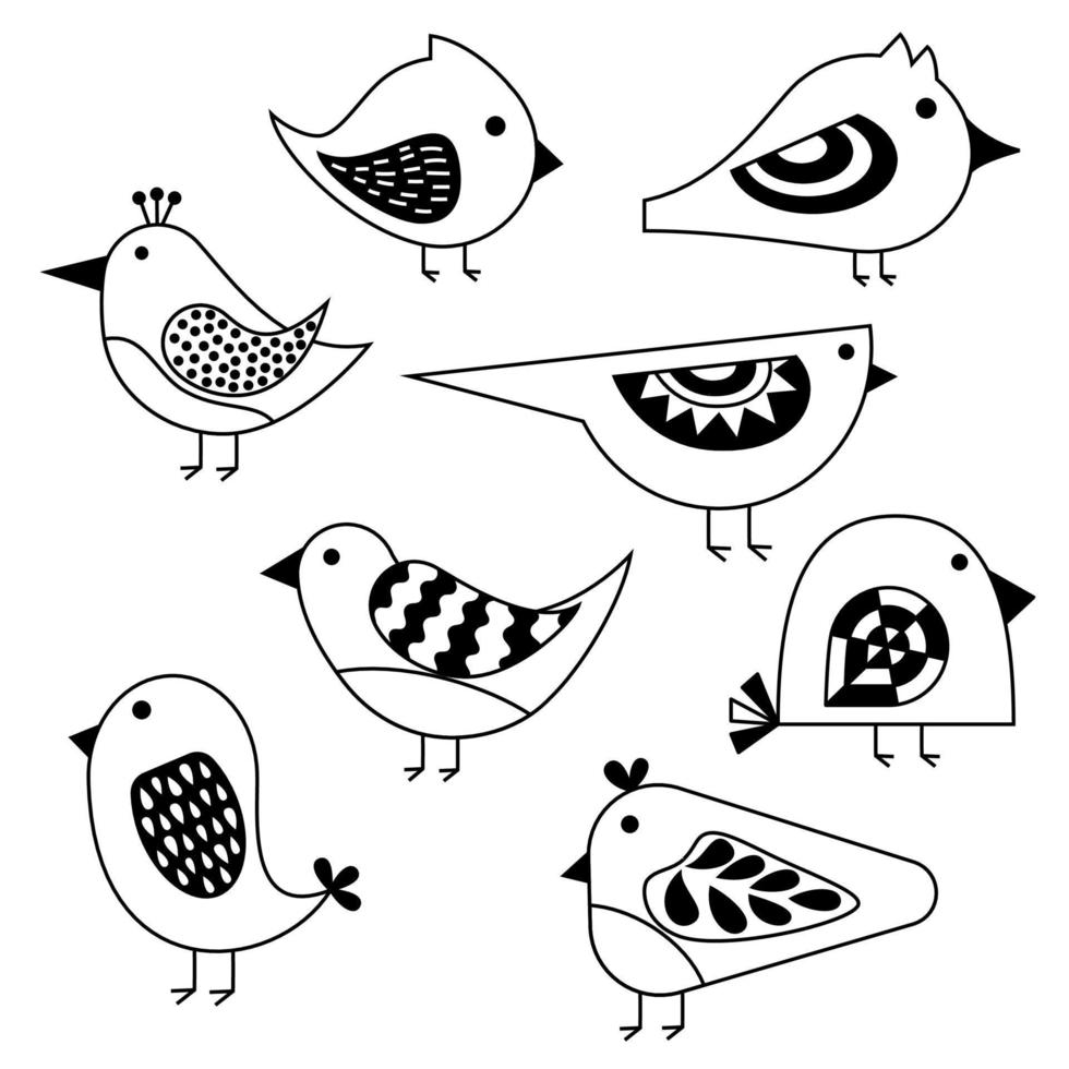 en samling av söt geometrisk fåglar. svart utsmyckad fåglar isolerat på vit bakgrund. vektor illustration i de stil av zentangle, klotter, etnisk, stam- design.