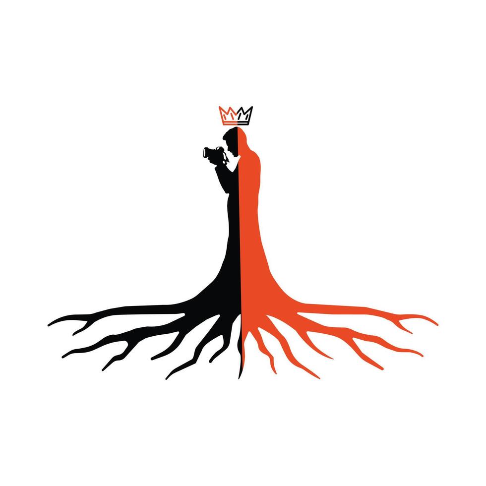 fotograf med orange svart kamera med krona och rötter. vektor illustration för din design.