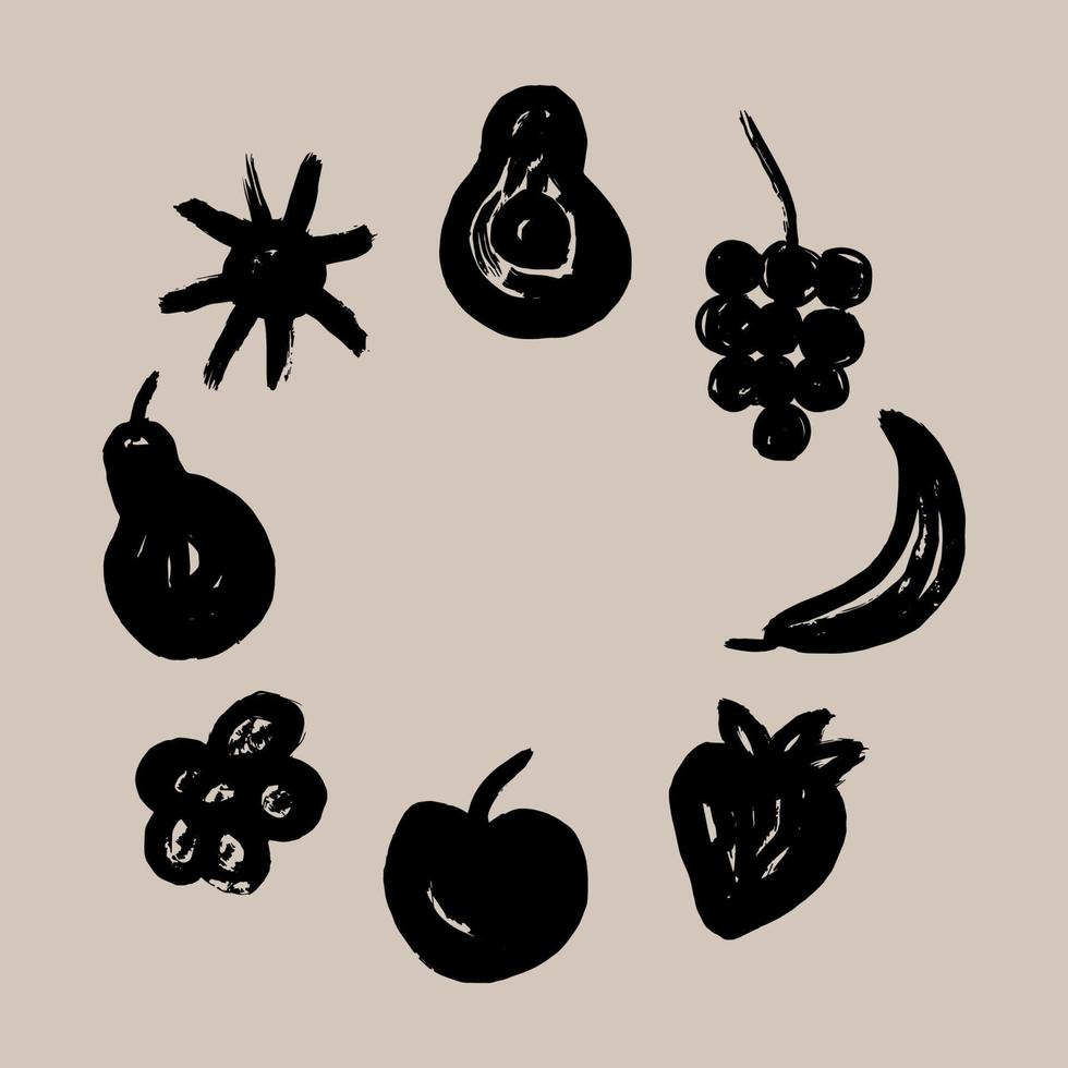 hand imitation av torr borsta med frukt. teckning av banan, jordgubbar, äpple, avokado, vindruvor, blomma, Sol. abstrakt uppsättning. de siffror är dragen med bläck. modern design element. vektor illustration