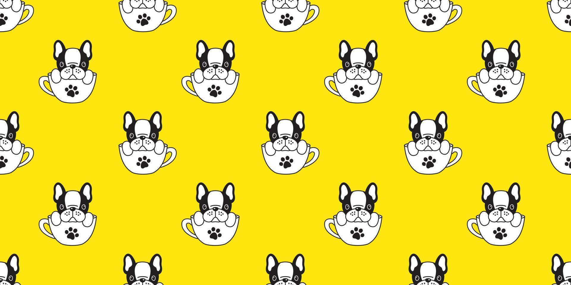 Hund nahtlos Muster Vektor Französisch Bulldogge Mops isoliert Tasse Hintergrund Hündchen Karikatur Gelb Hintergrund