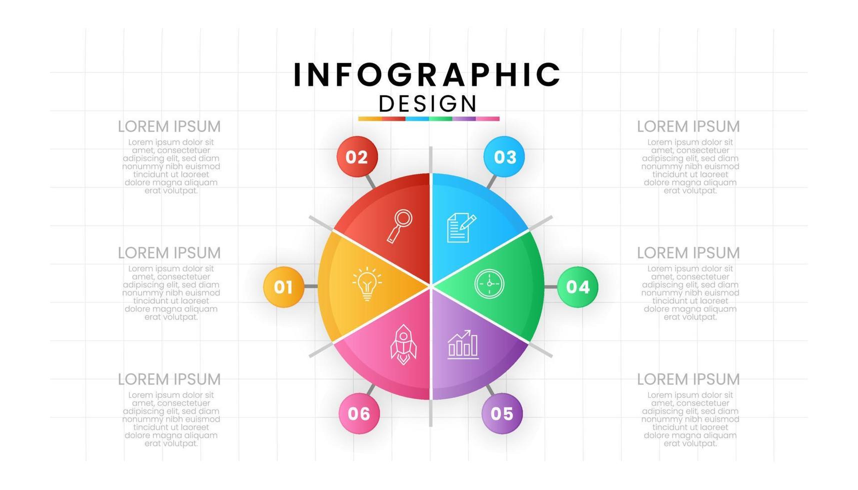 Infografik Vorlage zum Geschäft isoliert auf Weiß Hintergrund. Kreis Diagramm Konzept mit 6 Optionen, Schritte, Teil, Vektor Präsentationen.