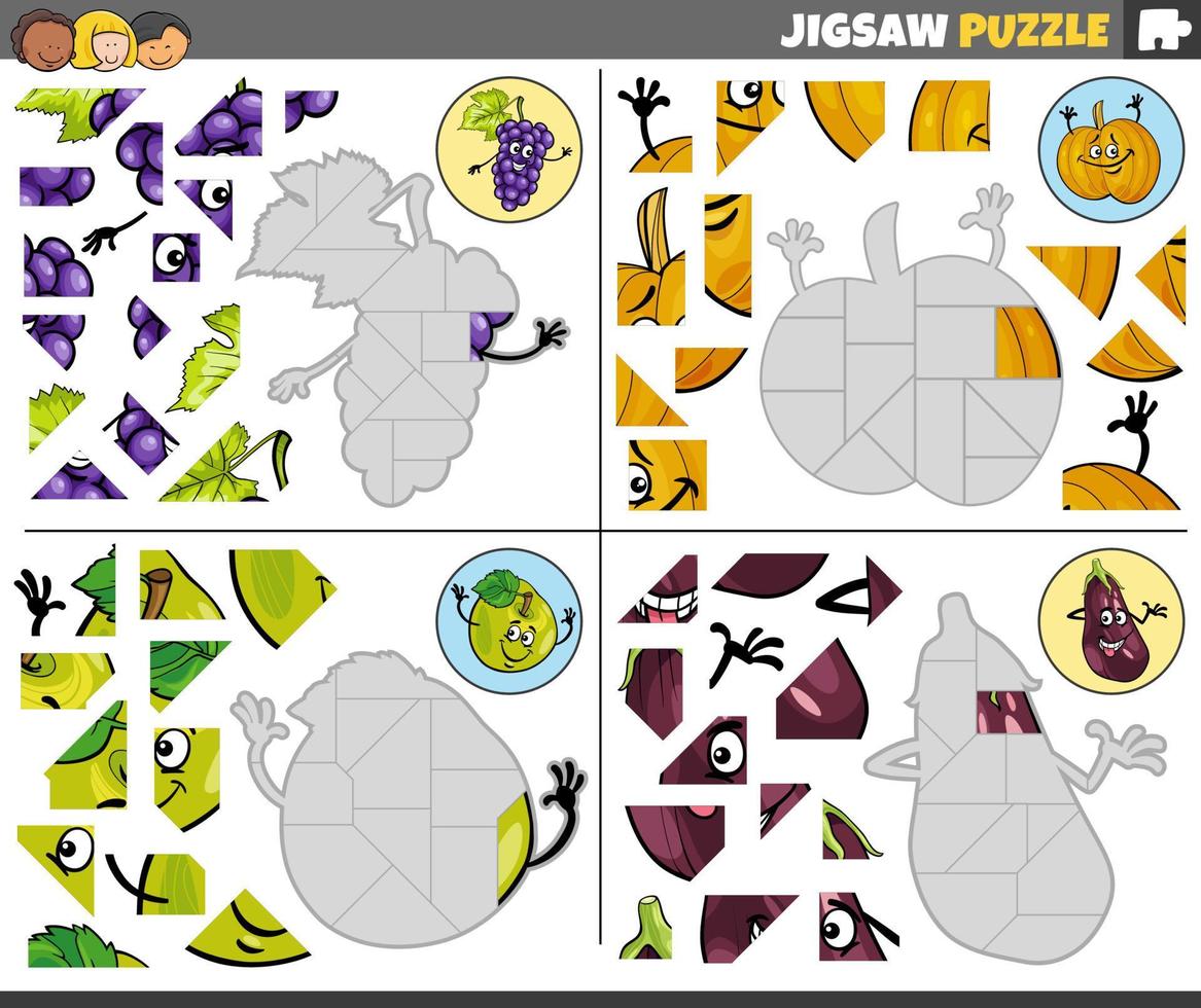 Puzzle Puzzle Spiele einstellen mit komisch Karikatur Obst Zeichen vektor
