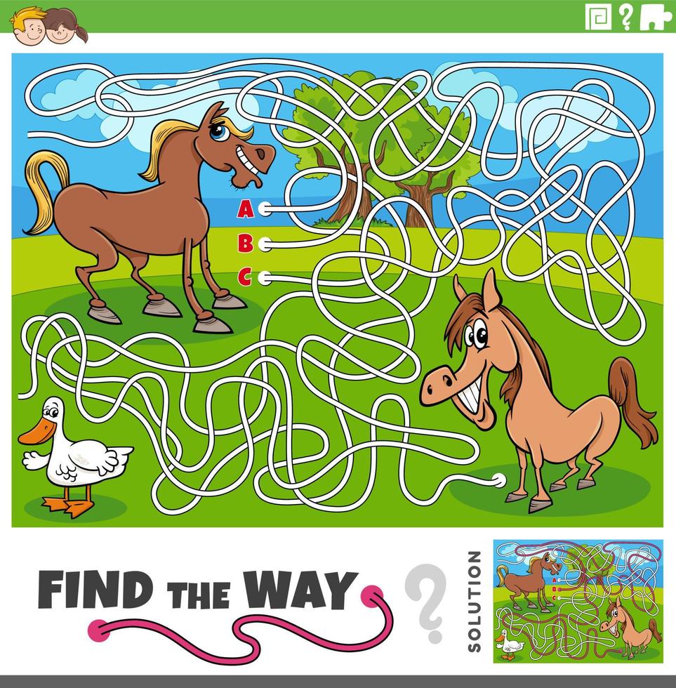 hitta de sätt labyrint spel med tecknad serie vild djur vektor
