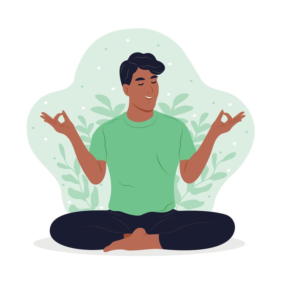 Welt mental Gesundheit Tag Illustration. schwarz Mann meditieren mit Augen geschlossen. vektor