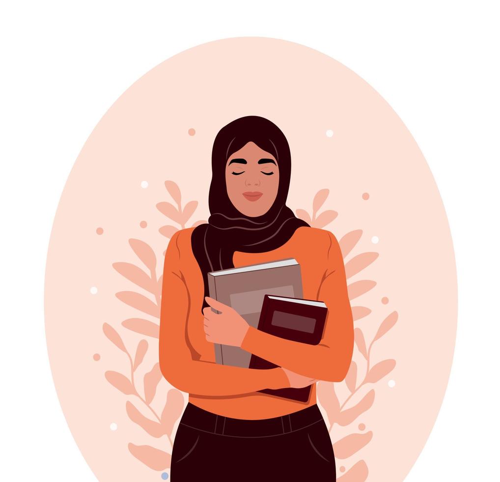 Lycklig muslim flicka studerande med bok. vektor illustration i söt tecknad serie stil.