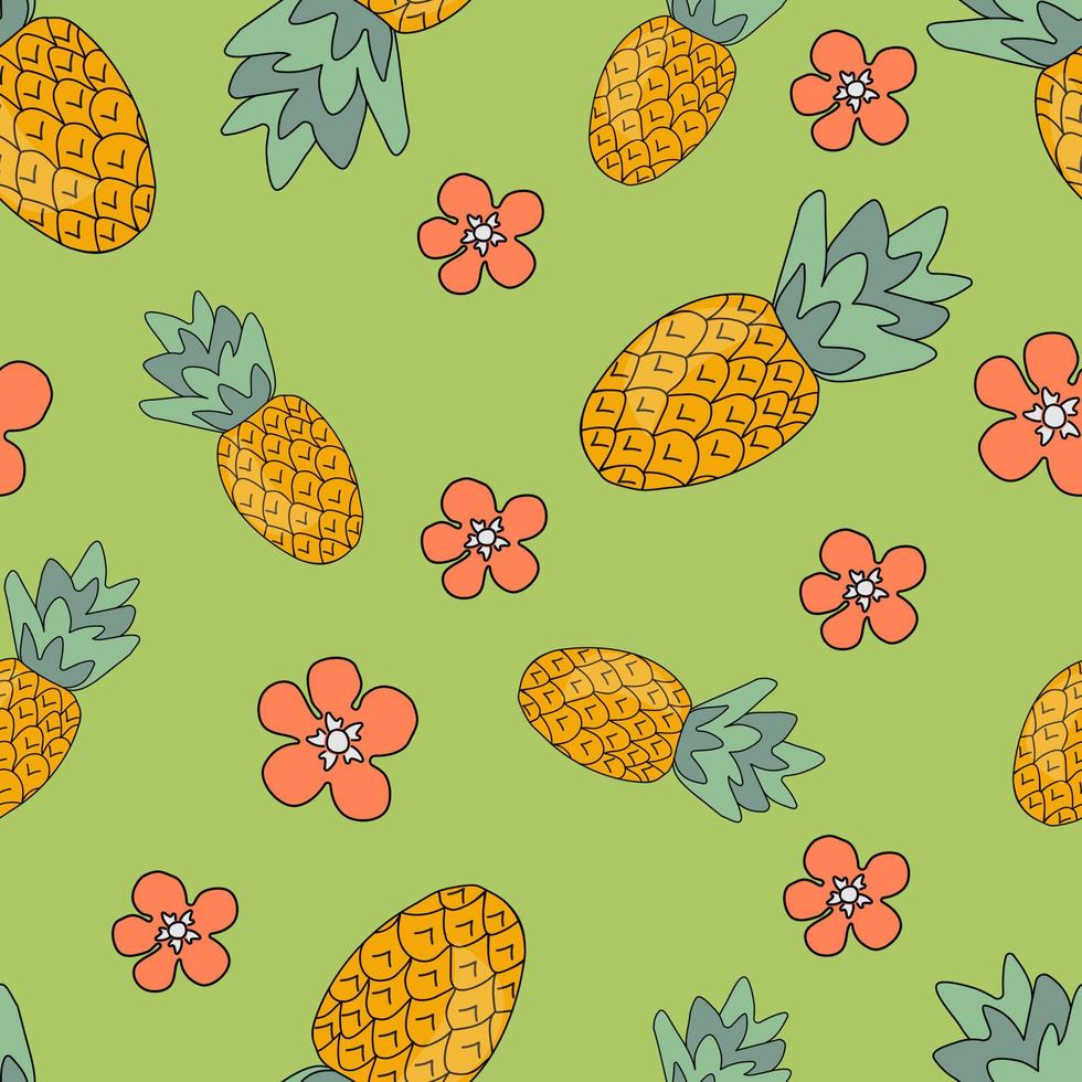 Vektor Illustration nahtlos Muster von Ananas und Rosa Blumen auf Grün Hintergrund