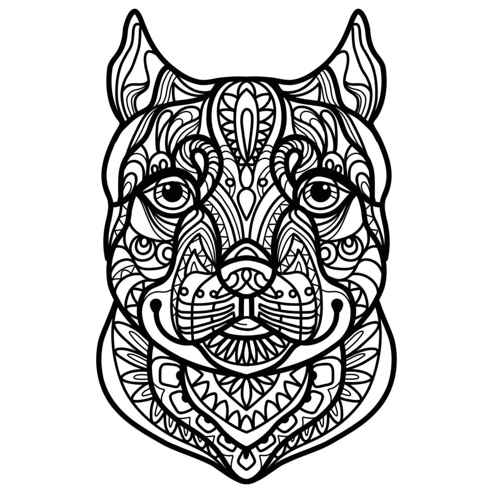 abstrakt hund med dekorativ ornament och klotter element. stänga upp pitbull hund huvud. vektor illustration. för vuxen antistress färg sida, skriva ut, design, dekor, t-shirt, emblem, tatuering, broderi