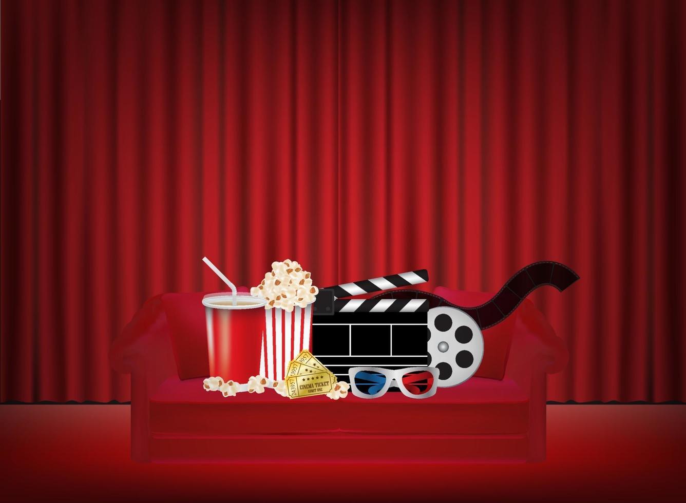 Popcorn, Getränk, 3D-Glas, Film auf einem roten auf dem Sofa mit rotem Vorhanghintergrund vektor