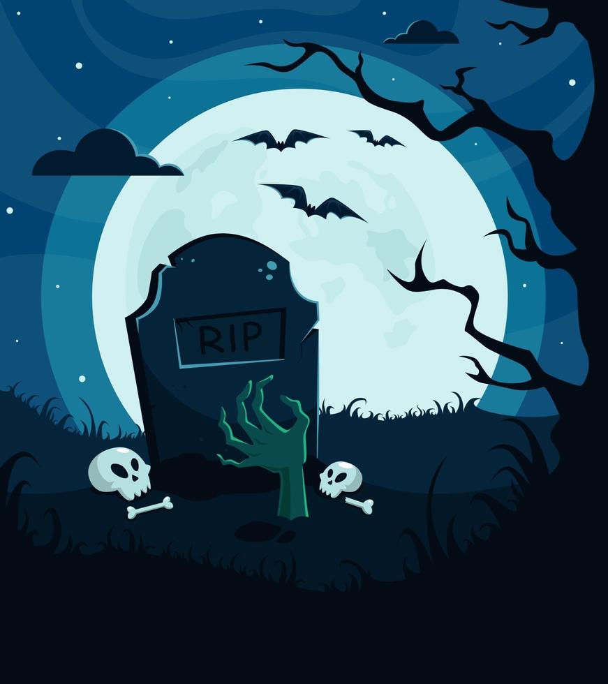 halloween bakgrund, inbjudan. kyrkogård med zombiehand, fullmåne, träd, läskig natt. vektor