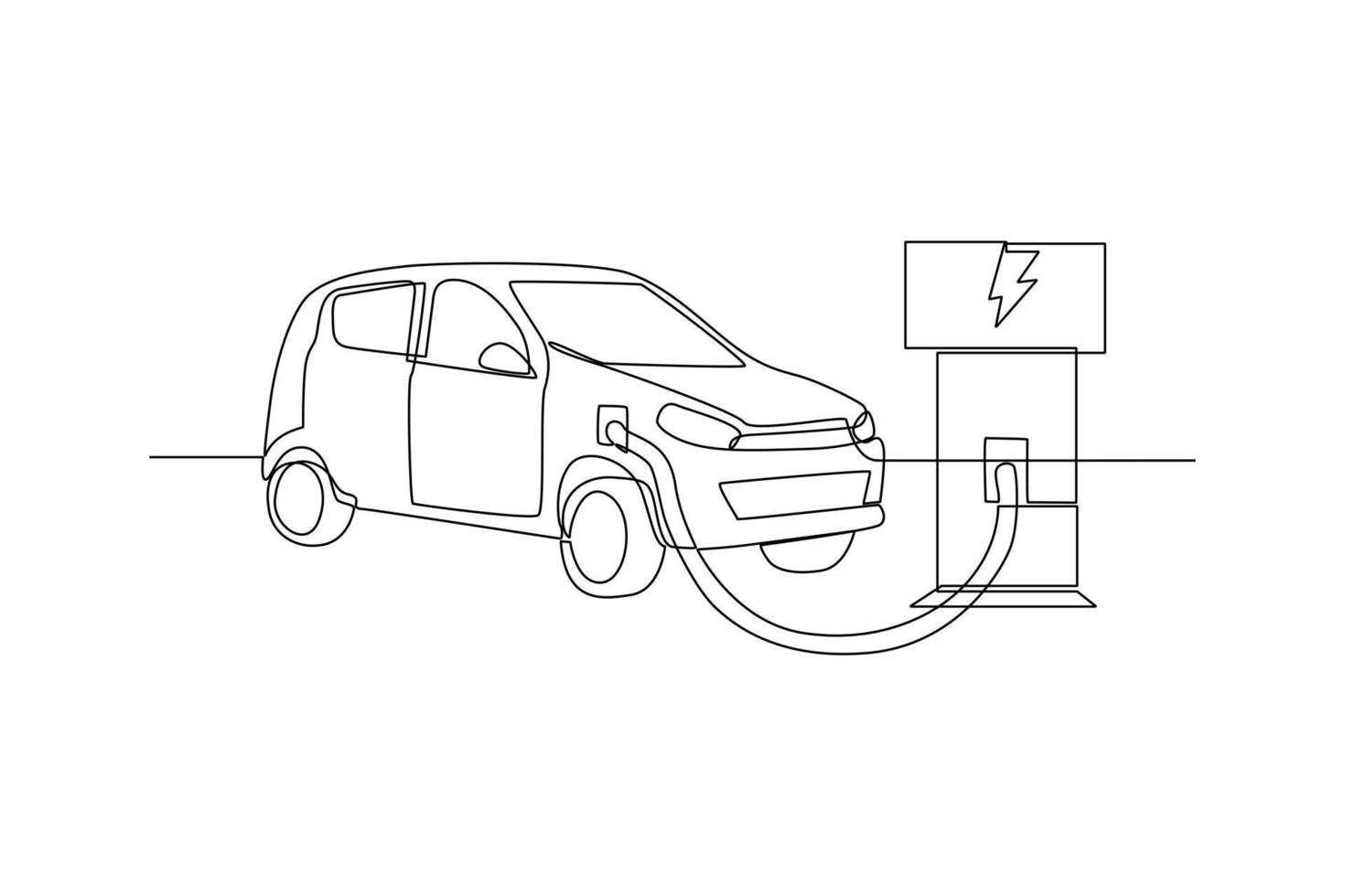 kontinuierlich einer Linie Zeichnung elektrisch Auto beim Laden Bahnhof. elektrisch Auto Konzept. Single Linie zeichnen Design Vektor Grafik Illustration.