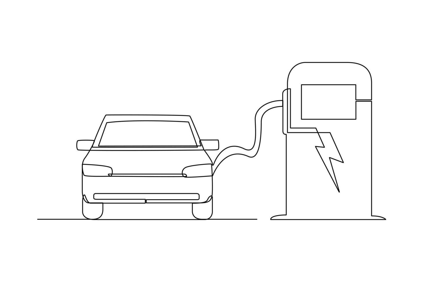 kontinuerlig ett linje teckning elektrisk bil på laddning station. elektrisk bil begrepp. enda linje dra design vektor grafisk illustration.