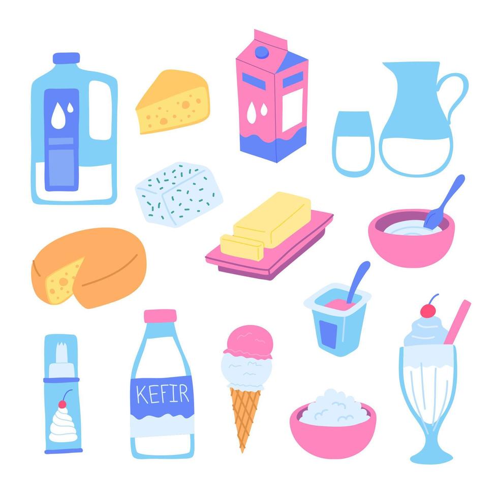 tecknad serie Färg annorlunda mjölk mejeri Produkter ikoner uppsättning. vektor